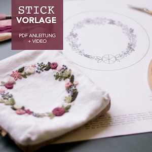 Embroidery template FLOWER WREATH with instructions and video tutorials as digital download