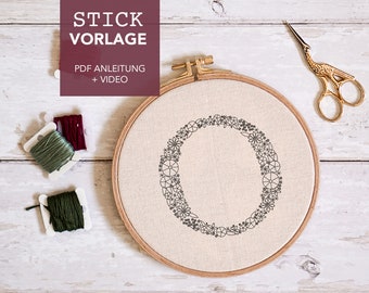 Embroidery template letter "O" monogram filled with instructions and video tutorials as digital download