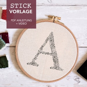 Embroidery template letter &quot;A&quot; monogram filled with instructions and video tutorials as digital download