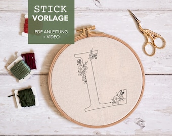 Embroidery template letter "L" monogram with instructions and video tutorials as digital download