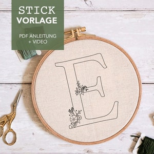 Embroidery template letter &quot;E&quot; monogram with instructions and video tutorials as digital download