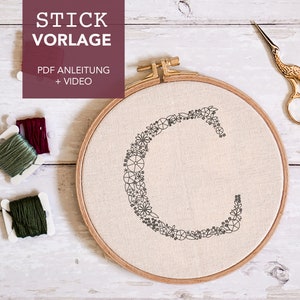 Embroidery template letter &quot;C&quot; monogram filled with instructions and video tutorials as digital download