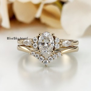 Vintage Moissanite Bridal Set, 2.10 Ct Oval Cut Hidden Halo Set Moissanite Engagement Ring, Perfect Ring With Matching Bubble Set Band Gift