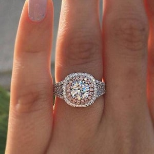 3.28 Carat Round Double Halo Engagement Ring, Wedding Bridal Ring Set in Solid 14k White Gold Lab Created Man Made Simulated Diamonds Ring