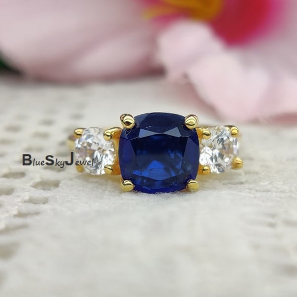 3.55 Carat Cushion Lab Sapphire Ring 14k Yellow Gold Plated Diamond Ring, 3 Stone Diamond Engagement Ring Cushion And Round Cut 3 Stone Ring