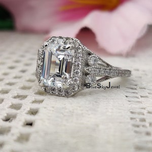 10x8 MM Emerald Cut Halo Engagement Ring, Man Made Diamond Simulant, Art Deco Halo Diamond Wedding Ring, Promise Ring, 14K White Gold Plated