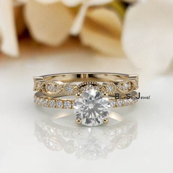 2.32 ctw Round Bridal Set Ring - Round Halo Engagement Ring - Wedding ring set - 3 Carat Round Promise Ring - Yellow Gold Plated