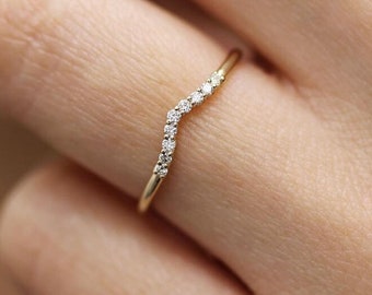 Curved wedding band rose gold, Simulated Diamond wedding band Vintage delicate ring matching unique band anniversary promise ring