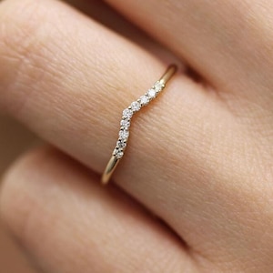 Curved wedding band rose gold, Simulated Diamond wedding band Vintage delicate ring matching unique band anniversary promise ring