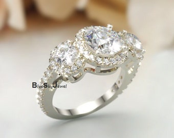 Three-Stones Simulated Diamond  Bridal Engagement Ring Three Stone Halo Ring Couples Ring 3 Stone Rings Round Shape Wedding 14K White Gold