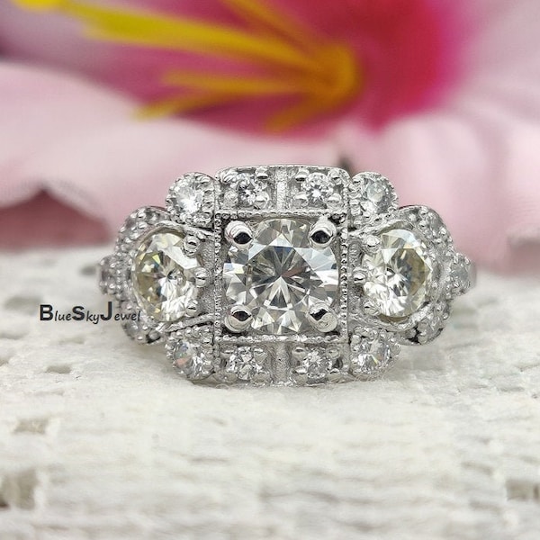 Antique Edwardian Style 2.80 Cts Round Cut Diamond Three Stone Vintage Art Deco Style Engagement Ring Antique Style Ring CZ Silver Ring