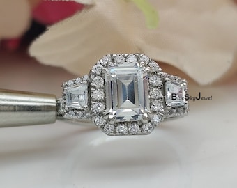 3 Stone Emerald Cut Engagement Ring - Halo Emerald Simulated Diamond - Emerald Cut 3 Stone CZ Ring 14K White Gold Plated 3 Stone Halo Ring