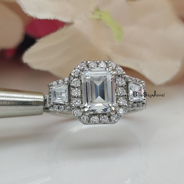 3 Stone Emerald Cut Engagement Ring - Halo Emerald Simulated Diamond - Emerald Cut 3 Stone CZ Ring 14K White Gold Plated 3 Stone Halo Ring