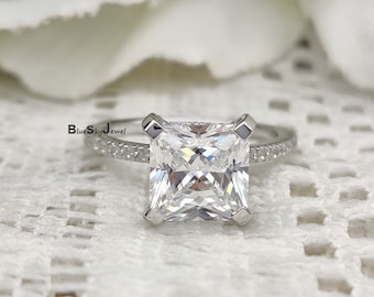 2.5Ct Princess Cut Man Made Diamond Solitaire Engagement Ring/ Promise Rings / Hidden Halo Princess Cut Pave Band Ring / 925 Sterling Silver