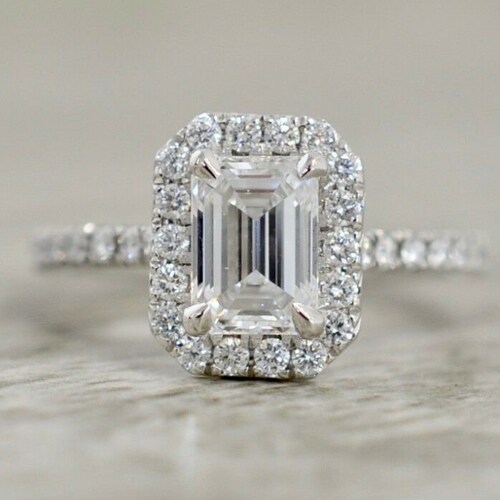 14k White Gold Emerald Cut Moissanite Diamond Halo Ring 9x7mm/ - Etsy