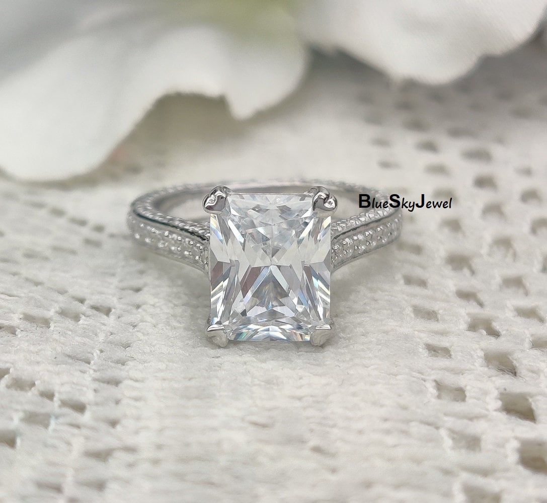 Emerald Cut Ring 10x8 MM Engagement Ring Solid 14K White Gold Ring Solitaire Hidden Halo Ring Wedding Ring White D Color Diamond Ring