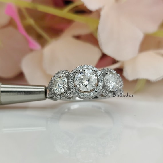 Three stone diamond halo ring outlet