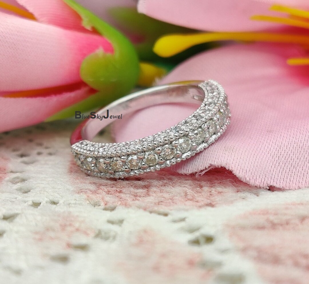 14K Solid White Plated Diamond Wedding Band Custom Matching Wedding