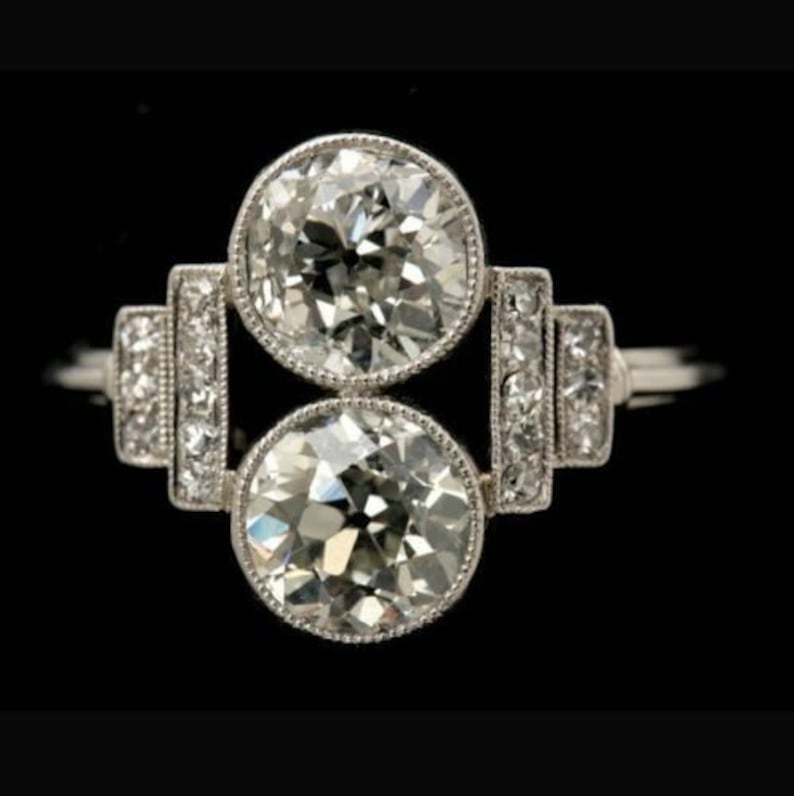 Anniversary ring 14K White Gold Finish Art Deco Promise Ring 2.30 Ctw Vintage Engagement Ring Simulated Diamond Two Round Bridal Ring
