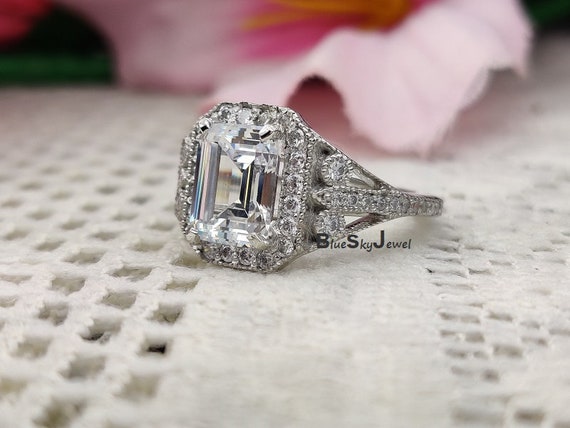 10x8 MM Emerald Cut Halo Engagement Ring Man Made Diamond - Etsy