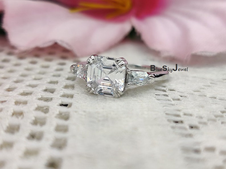 Asscher Solitaire Ring 14K White Gold Plated Diamond Simulant Asscher Cut Ring 3.30Ctw Asscher Cut Engagement ring Asscher 3 Stone Ring