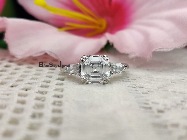 Asscher Solitaire Ring 14K White Gold Plated Diamond Simulant Asscher Cut Ring 3.30Ctw Asscher Cut Engagement ring Asscher 3 Stone Ring