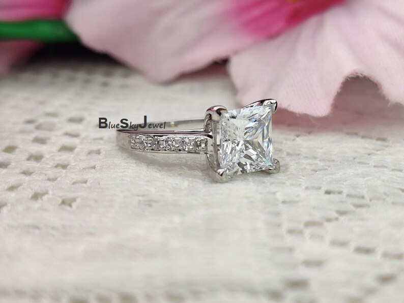 14K White Gold Plated Man Made Diamond Simulants Promise Ring 3.36 ctw Princess Accented Solitaire Engagement Ring Wedding Ring