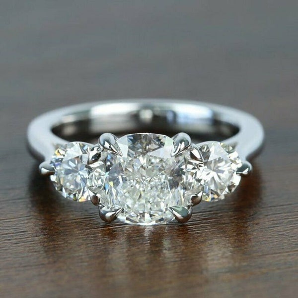 3 Stone Cushion Cut & Round Cut Engagement Ring - Anniversary Ring - Promise Ring Bridal Ring - Diamond Stimulant 14K White Gold Plated Ring