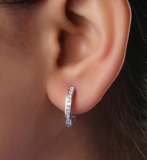 Simulated Diamond Hoop Earring Diamond Huggies Earring 14k Gold Plated Hoop Channel Set Earrings Wedding Hoop Lab Diamond for Woman s Etsy