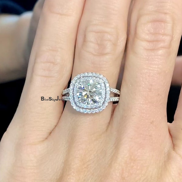 2.70 Ctw Round Double Halo Engagement Ring, Promise Ring, Split Shank  Band, Man Made Diamond Simulants, 925 Sterling Silver, Promise Ring