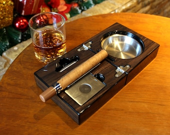Personalized Walnut Cigar Ashtray Box, Folding Travel Ashtray
