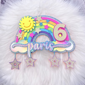 Adorno para tarta de arcoíris personalizado, adorno para tarta de arcoíris, decoraciones para fiestas de arcoíris, centro de mesa de arcoíris, adorno para tarta de arcoíris vívido, decoración para tartas