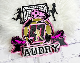 Personalized Soccer Girl Cake Topper: Glitter Birthday Party Decoration