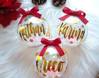 Personalized Christmas Ornament, Custom Name Clear snowball and tree decor, holiday gift for family, Clear ball ornament with snowflakes.