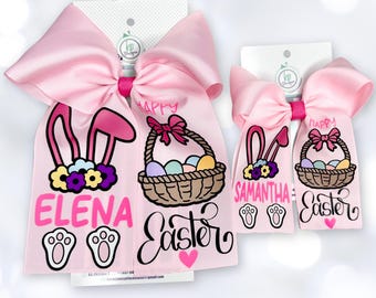 Personalized Bunny and Basket Easter Hair Bow, Custom Name Spring Outfit Accessory Gift.