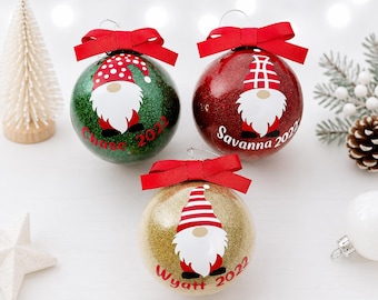 Personalized Gnome Christmas Ornament 3.2 inches, Custom Name Plastic Glitter Ball Ornament.