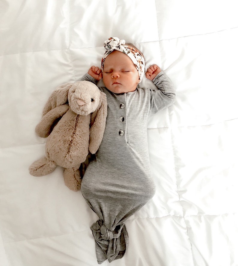 Gray Newborn Baby Button Up Knotted Sleep Gown Baby Coming Etsy