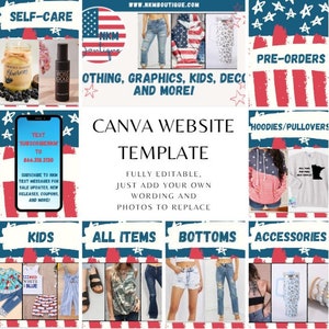 May include: A Canva website template for an online shop selling clothing, accessories, and home decor. The template features a red, white, and blue color scheme with stars and stripes. The text "NKM Boutique" is displayed in a white box with a red border. The template includes sections for "Self-Care", "Kids", "All Items", "Bottoms", "Accessories", "Hoodies/Pullovers", and "Pre-Orders".