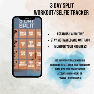 以下が含まれることがあります： 3日間分割ワークアウト/セルフィー・トラッカーアプリが表示されたスマートフォンの画面。アプリには、パワー・スカルプト、ベース・キャンプ、リア・ビュー、ビルド・アップ、ハイ5'sカーディオ、フロント・フォーカスなど、ワークアウトのカテゴリーがグリッド状に表示されています。このアプリは、ユーザーがルーティンを確立し、モチベーションを維持し、進捗状況を追跡するのに役立つように設計されています。