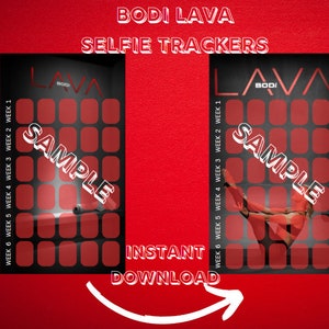 Puede incluir: Dos rastreadores digitales rojos y negros con el texto "BODI LAVA" y "SAMPLE" en ellos. Los rastreadores son para selfies y tienen una cuadrícula de cuadrados para cada semana del mes. El texto "INSTANT DOWNLOAD" está debajo de los rastreadores.