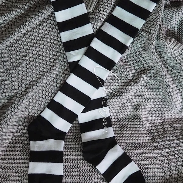 65 cm gestreepte katoenen overknee sokken zwart-wit halloweenkostuum / cosplaysok