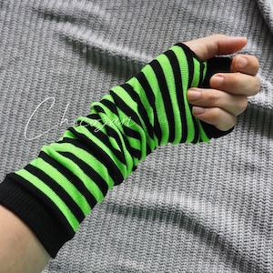 Ocieplacze na ręce w paski: neonowozielone i czarne, bawełniane rękawiczki bez palców z otworem na kciuk