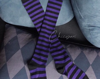 65 cm Striped Cotton Over the knee socks- Purple black Halloween Costume / cosplay sock