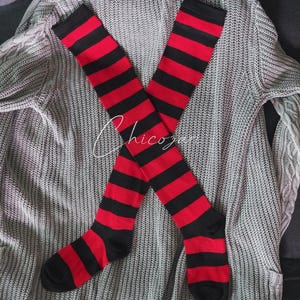65cm Red and black Striped Cotton Over the knee socks- Halloween Costume / cosplay sock