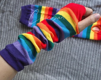 Scaldabraccia Rainbow Lilac - a righe rosse: guanti senza dita in cotone con foro per il pollice