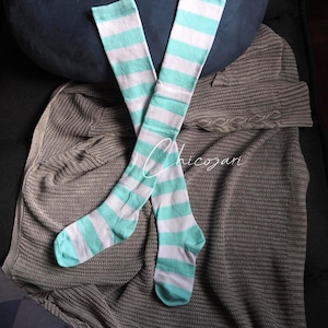 65cm Pastel Green and White Striped Over-the-Knee Socks image 1
