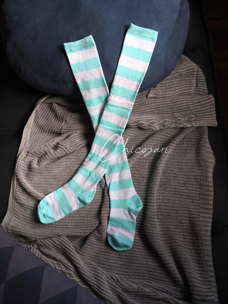 65cm Pastel Green and White Striped Over-the-Knee Socks image 1