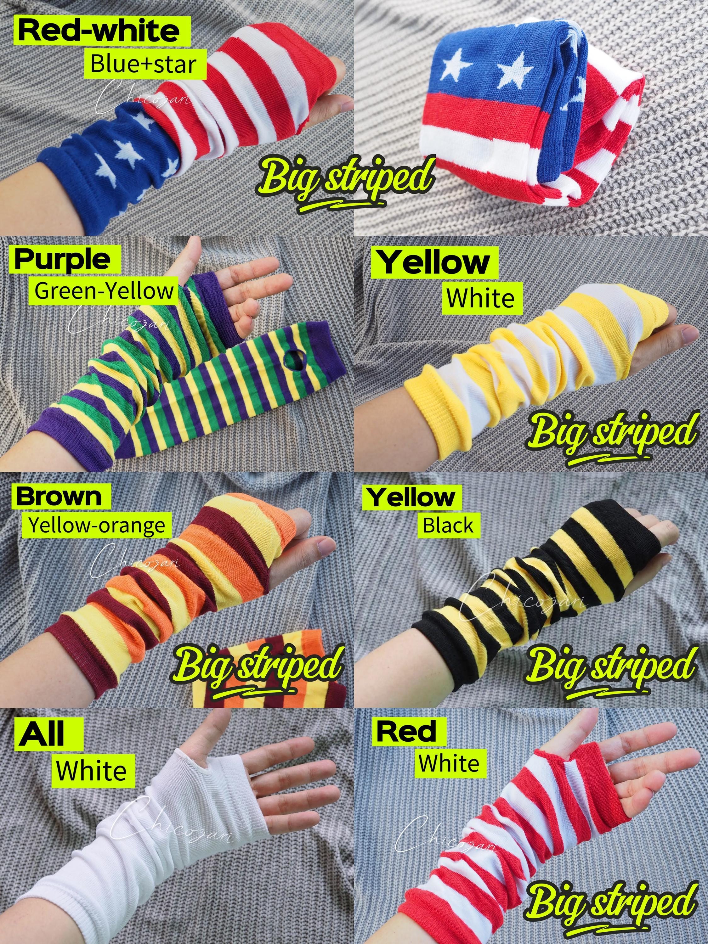Striped Arm Warmers: Neon Green & Black, Fingerless Thumbhole