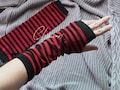 Striped Red Black Arm Warmers Fingerless with Thumbhole Halloween Emo Goth cosplay harajuku product logo