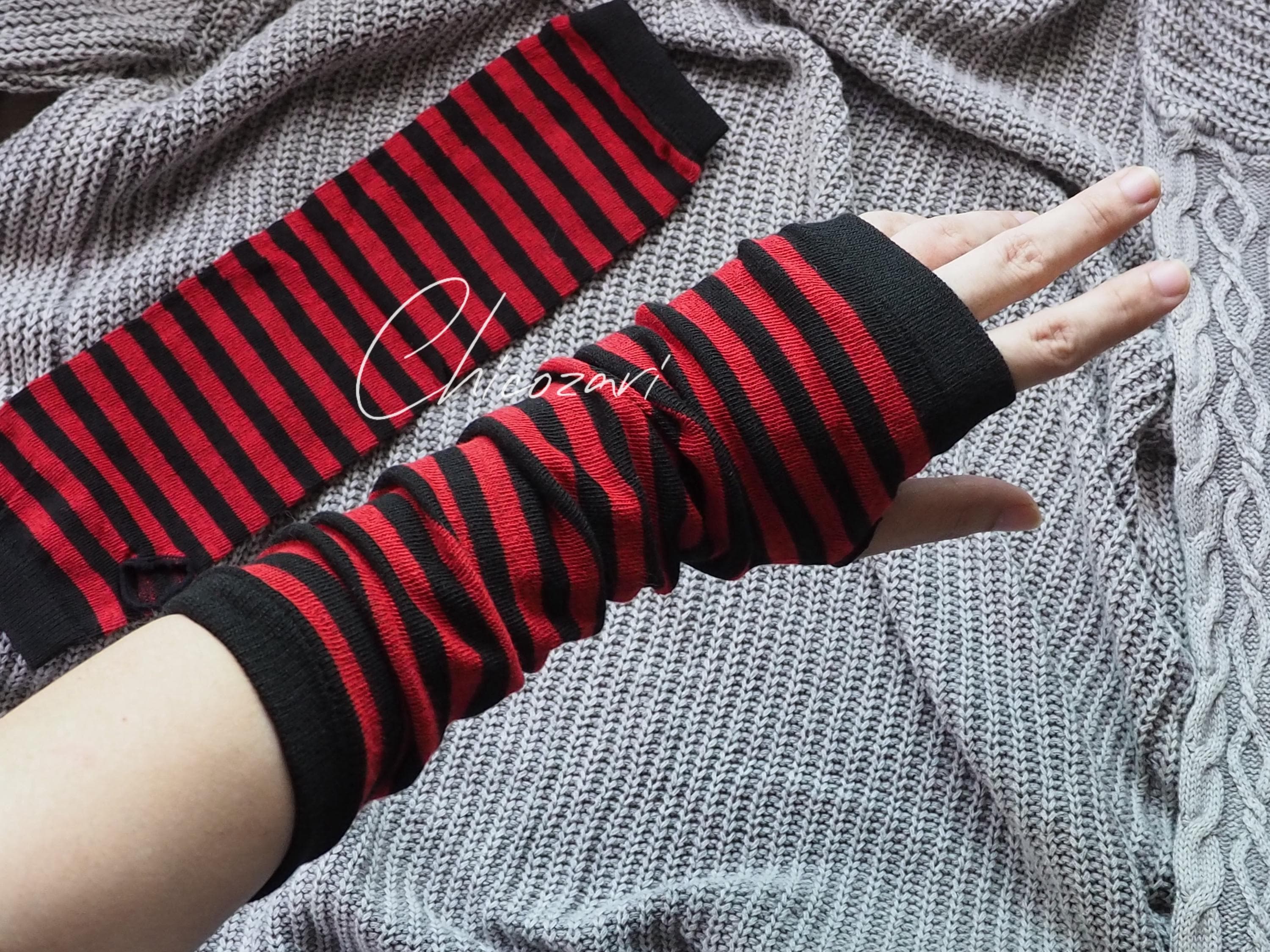 Striped Red Black Arm Warmers Fingerless with Thumbhole Halloween Emo Goth cosplay harajuku